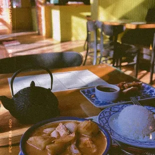 This is jasmine tea , Massaman Curry and Fried Pork Dumpling ! I love coming here! The energy is amazing and the staff is so nice!