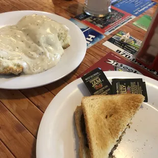 Breakfast sandwich and biscuits and gravy
