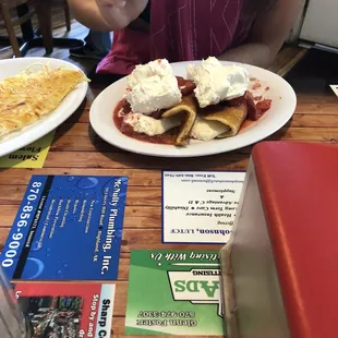 Strawberry French pancakes and hash browns