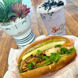 Grilled Chicken Banh Mi and Taro Boba Milk Tea