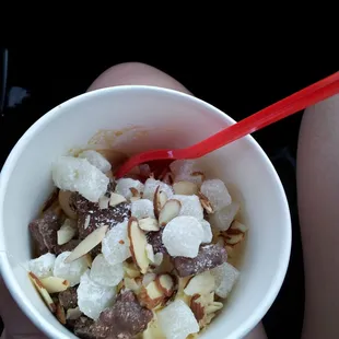 Salted caramel corn and cake batter froyo. Almonds, mochi, and chocolate covered gummy bears to top!