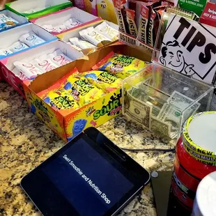 a variety of snacks on a counter