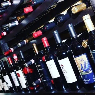 A whole wall of wines. Available for retail sales as well.