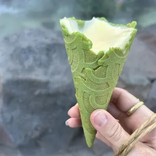 Dole whip in a matcha cone