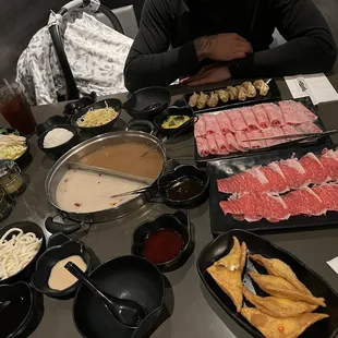 Wagyu, beef, crab Rangoons, pot stickers.