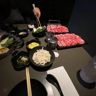 Beef, udon, vegetables