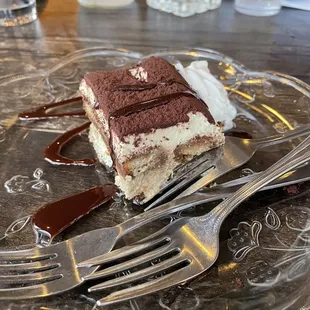a piece of cake on a glass plate