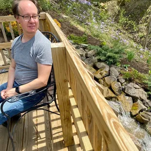 Patio dining by the waterfall