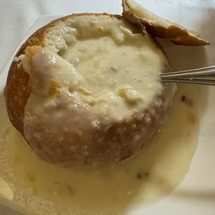 Clam chowder in a bread bowl