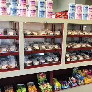 a shelf full of food items