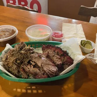 Smoked Brisket, Pulled Pork, baked beans, coke slaw, pickles and pickled onions