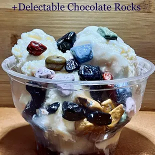 vanilla ice cream with chocolate rocks