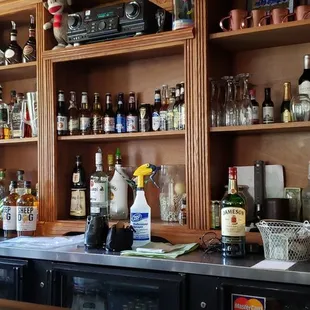 a bar with liquor bottles