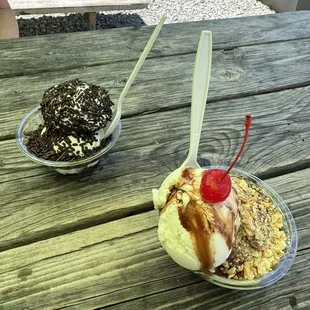 Soy ice cream with chocolate sprinkles and a small sundae with chocolate sauce, peanut butter topping, nuts, and a cherry on top