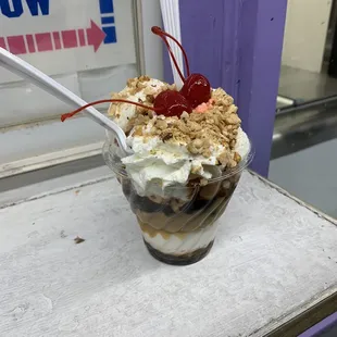Vegan peanut butter chocolate sundae (with whipped crème and a cherry on top)