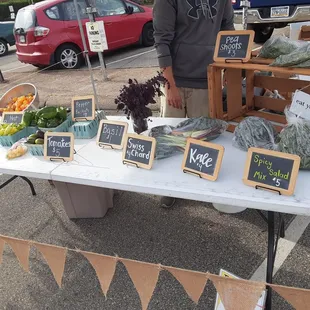 a man standing in front of a table of vegetables