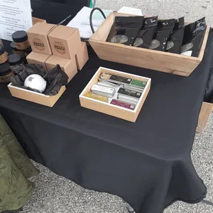 a table with a variety of products