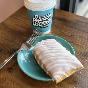 Oat milk latte and strawberry pop tart pastry