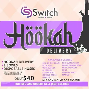 Hookah TAXI
Call or text 5594040140 to get your hookah delivered...
2 bowls, mix flavors &amp; fast delivery