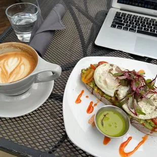 Avocado toast &amp; cafe latte with oat milk - yummy