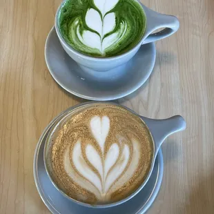 honey lavender oatmilk latte and a matcha