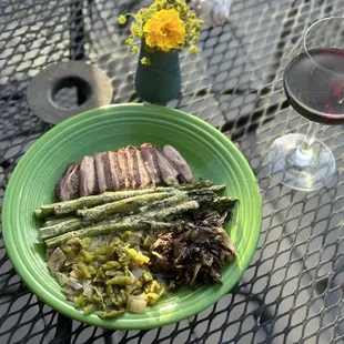 Sliced smoke duck(from the Switchback) with asparagus, maitake mushrooms, sweet onions and hatch chiles (from my kitchen).