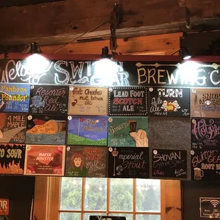 a wall of beer signs