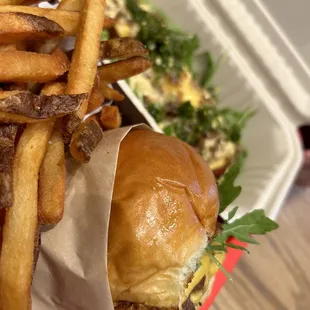 Signature Cheeseburger, fries, hot dog no bun
