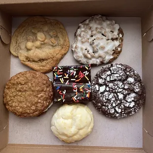 Butterscotch macadamia, iced oatmeal, oatmeal creme pie, brownie, chocolate crinkle, lemon ricotta