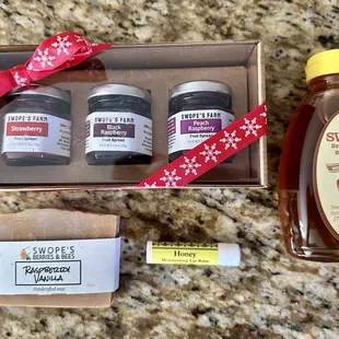 Fruit spreads, honey, bar soap, and lip balm