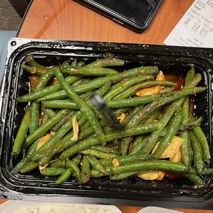 a tray of green beans