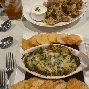 Amazing fried mushrooms and artichoke dip with Parmesan crusted chips