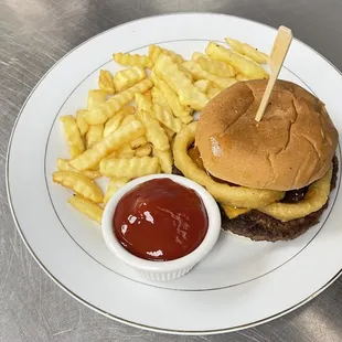 a hamburger and french fries