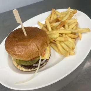 a hamburger and french fries