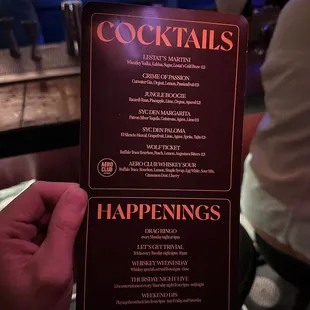 a person holding a cocktail menu