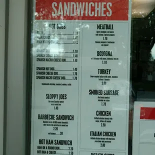 a menu for sandwiches