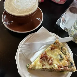 Quiche and a vanilla latte