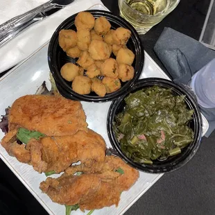 Turkey Chops, Fried Okra, and collards with smoked Turkey!