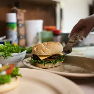 a person cutting a hamburger on a plate