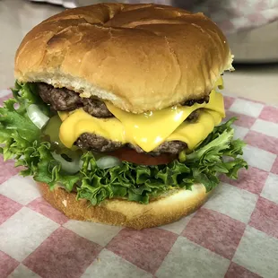 Double cheeseburger on the go. Call your order in and we'll have it ready
