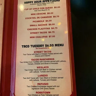 Happy hour/taco Tuesday menu as of August 2021