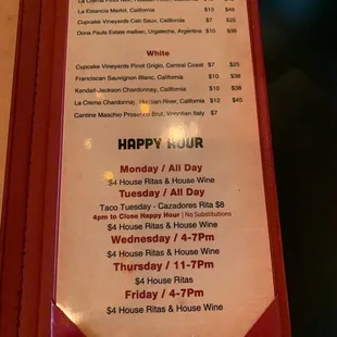 Happy hour menu as of August 2021