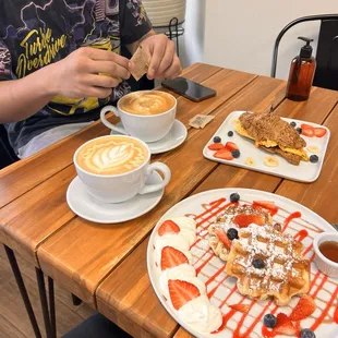 White chocolate mocha, liege waffles, egg croissant