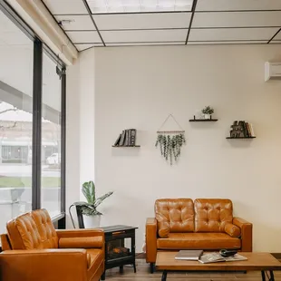 Couch seating and fireplace