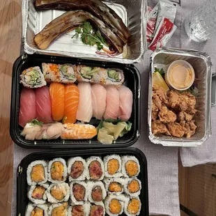 Grilled Miso Eggplant, Sushi Deluxe, Kara-Age Fried, and Spicy Combo
