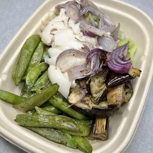 Wild cod with eggplant, green peas, book choy