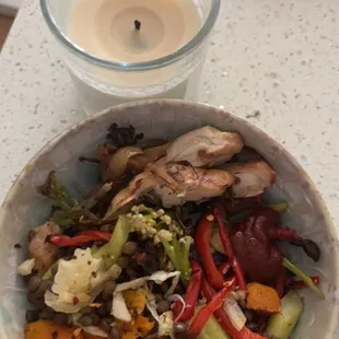 Chicken bowl with broccoli, butternut squash and lentils