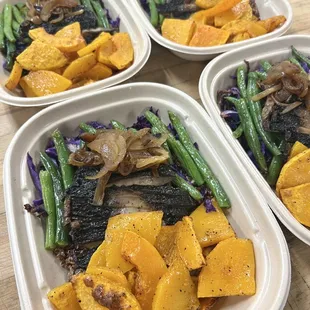 vegetarian meal with portobello mushrooms, squash, green beans