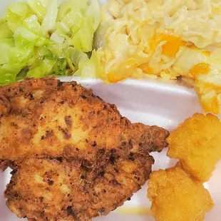 Fried Chicken, Cabbage, Mac &amp; Cheese &amp; hot water cornbread