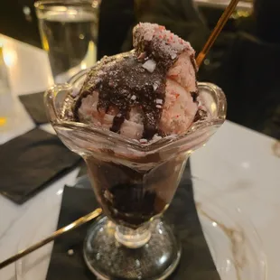 Peppermint sundae with brownie. Delicious